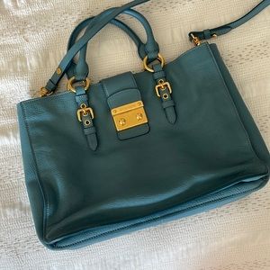 Miu Miu Madras Tote in Sea Blue
